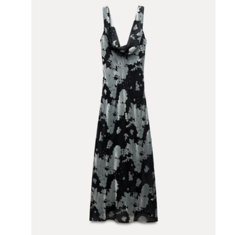 Zara Black and Gray long velvet Dress with Cowl Neck size small